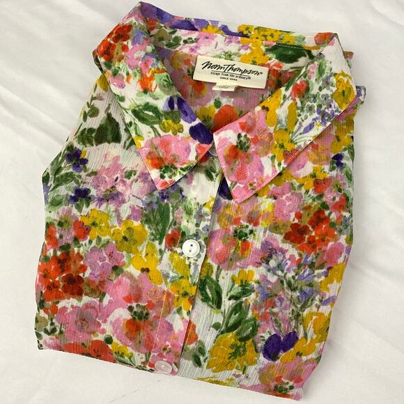Norm Thompson Escape Ordinary Women Floral Sheer Blouse Top Button M Boho Hi Low - Picture 13 of 14